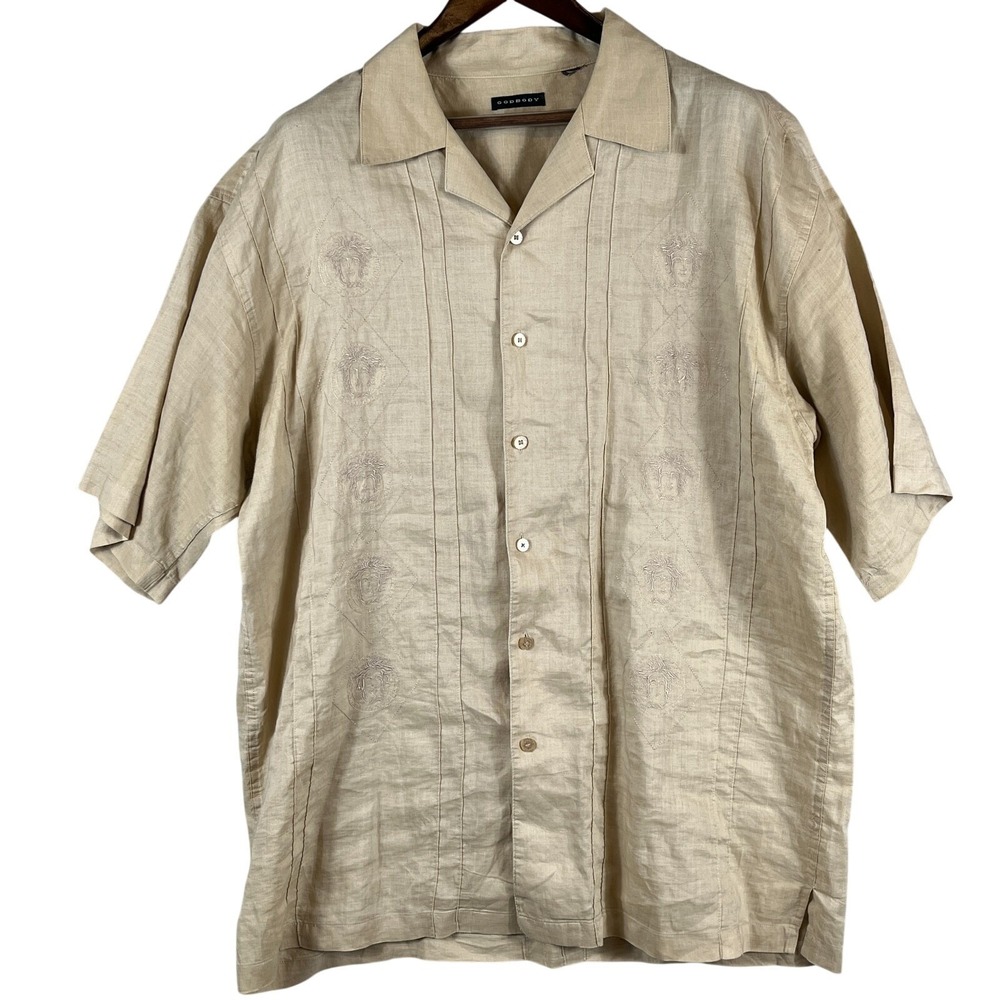 Godbody Mens XL Linen Button Front Shirt Short Sleeve Embroidered Tan Resort